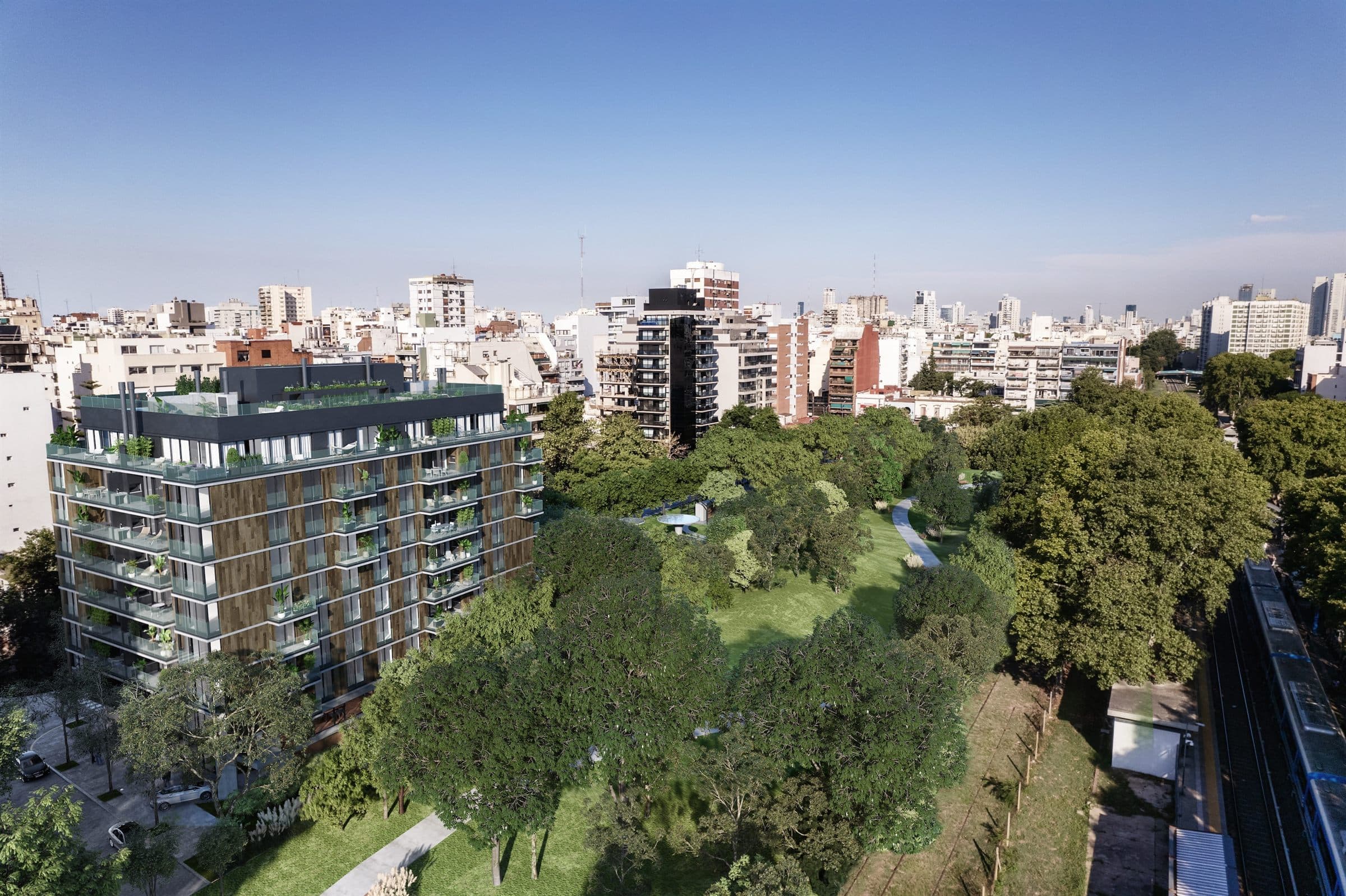 Desarrollo Balstate sobre un parque, con el skyline de Buenos Aires de fondo